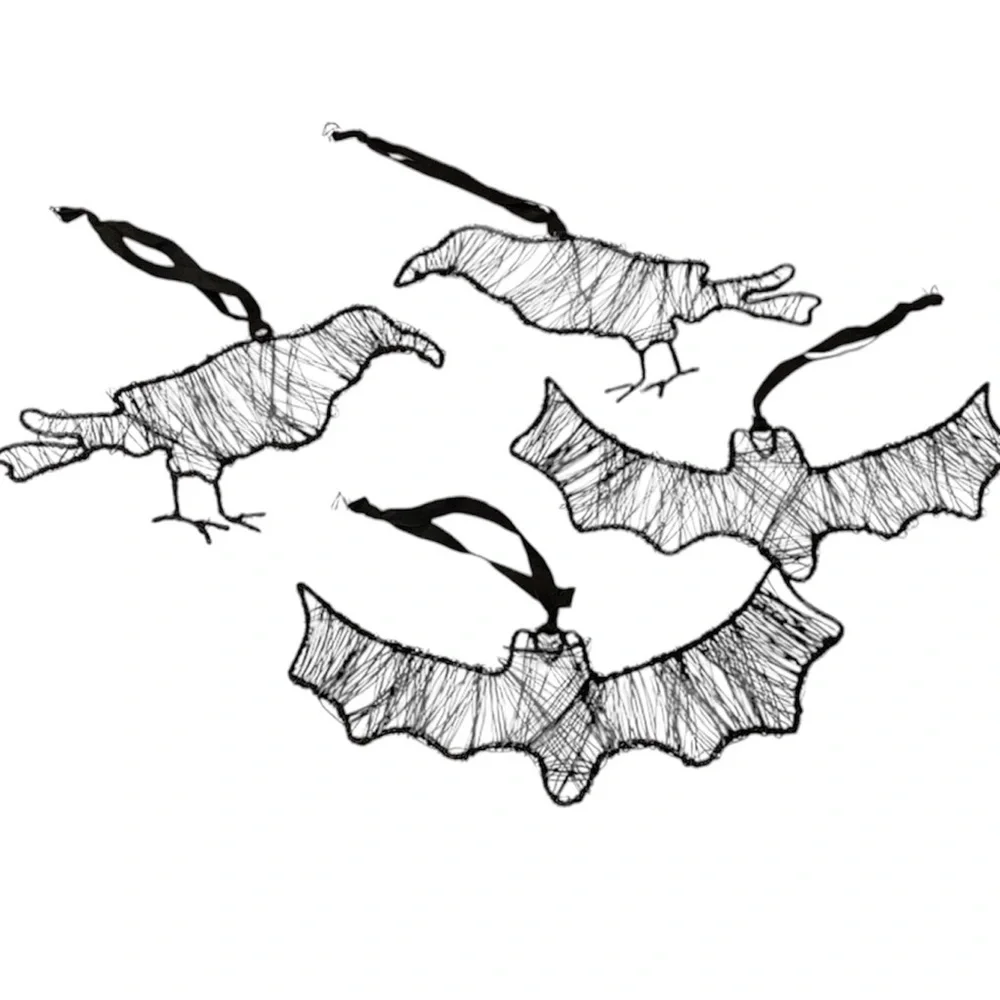 Lot 4 Spooky Halloween Black Crows Bats Hanging Decor Ornaments Wire Farmhouse